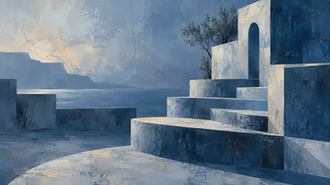 Terraced stepped forms with recessed shadows – cool blue lyrical abstraction Frame TV art