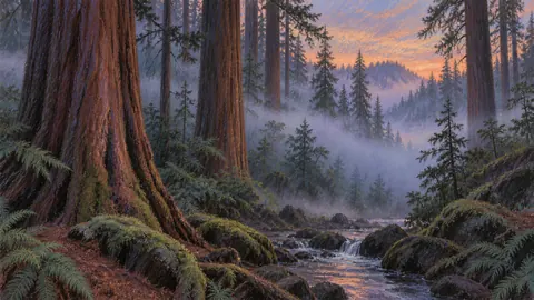 Fog rolling through redwood forest – soft pastel drawing Frame TV art