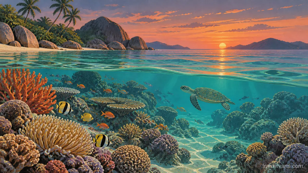 Coral reef viewed through clear shallows – vintage travel illustration without text Samsung Frame TV art, 4K