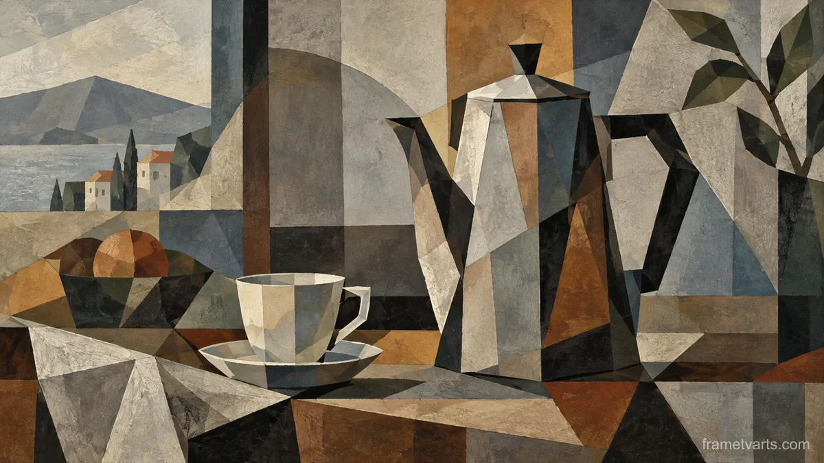Coffee pot and a small plain porcelain cup – cubist still life Samsung Frame TV art, 4K