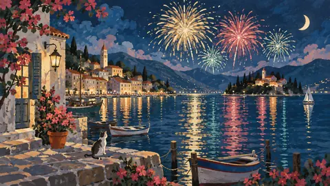 New Year fireworks reflected across a quiet harbor – decorative folk gouache Frame TV art