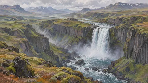 Waterfall between mossy basalt cliffs – soft pastel drawing Frame TV art