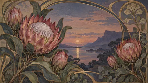 Protea flowers with sculptural foliage – decorative art nouveau painting Frame TV art