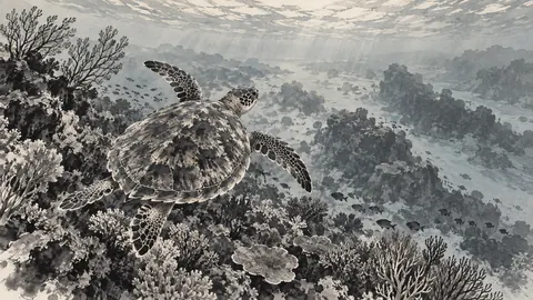 Sea turtle gliding above coral – restrained ink illustration Frame TV art