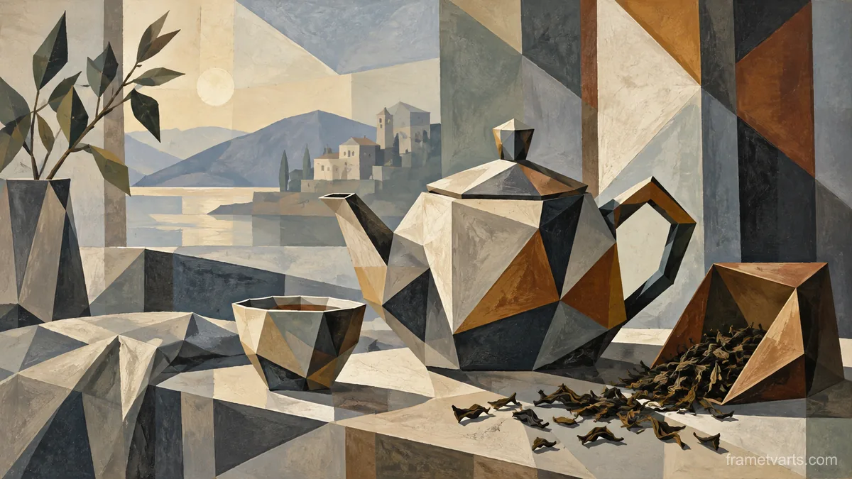 Teapot and loose tea leaves – cubist still life Samsung Frame TV art, 4K