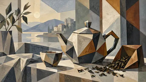 Teapot and loose tea leaves – cubist still life Frame TV art