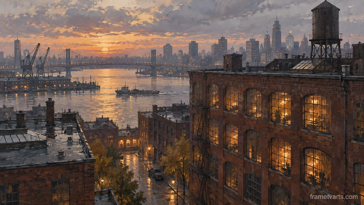 Brick warehouse windows in evening light – atmospheric oil painting Samsung Frame TV art, 4K