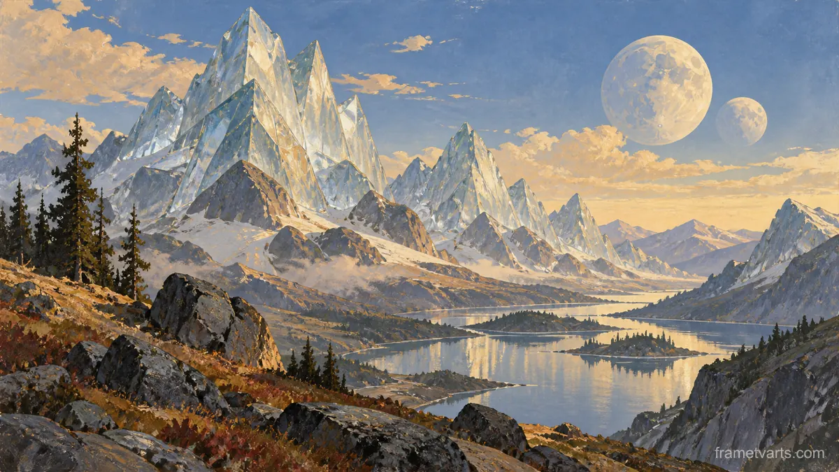 Glasslike mountain peaks below twin moons – restrained celestial gouache Samsung Frame TV art, 4K