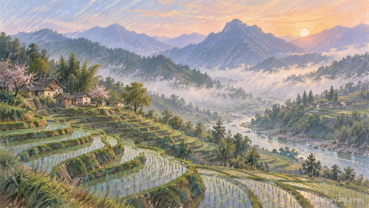 Terraced rice valley in morning mist – soft pastel drawing Samsung Frame TV art, 4K