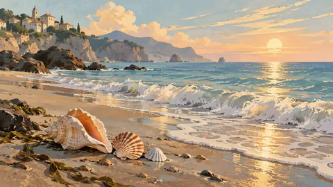Seashells beside gentle sea foam – vintage travel illustration without text Frame TV art