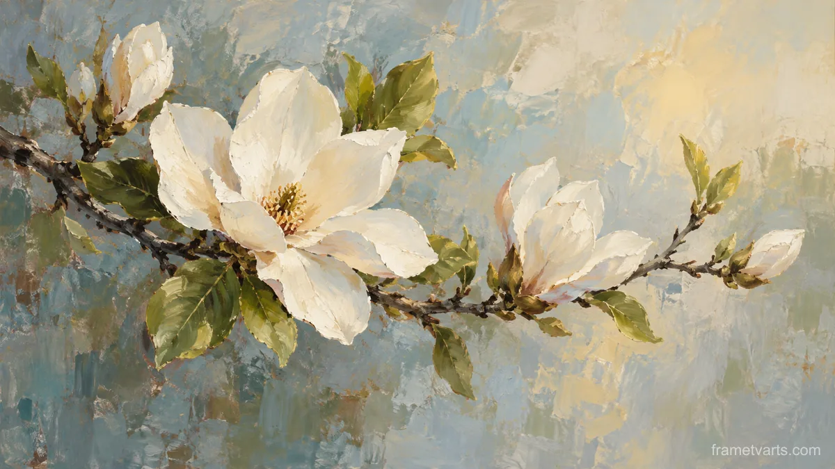 White magnolia branch with unfurling leaves – contemporary loose oil painting Samsung Frame TV art, 4K