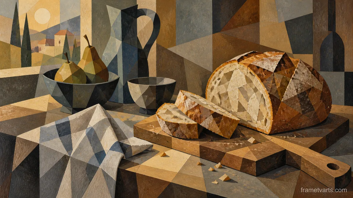 Rustic bread on a wooden cutting board – cubist still life Samsung Frame TV art, 4K