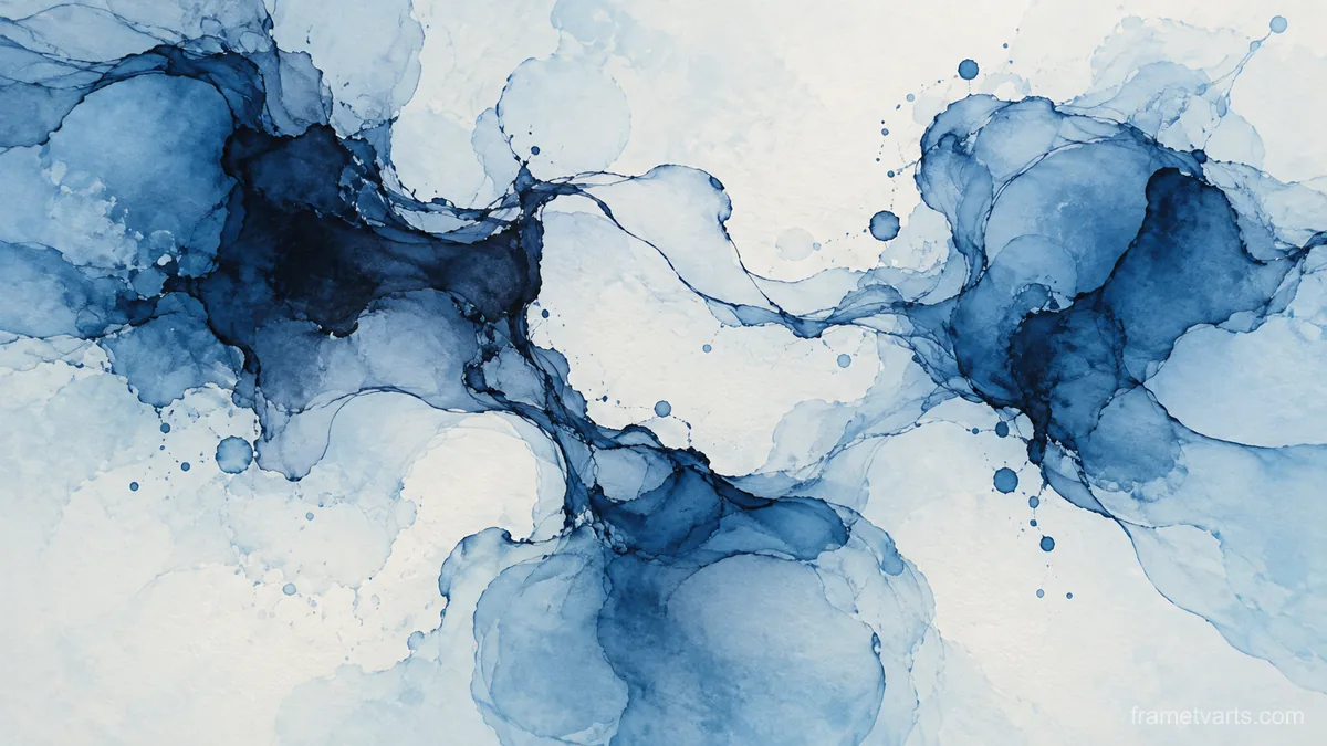 Freeform ink pools connected by fine trails – cool blue lyrical abstraction Samsung Frame TV art, 4K