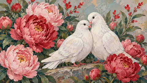 Valentine peonies and paired white doves – decorative folk gouache Frame TV art