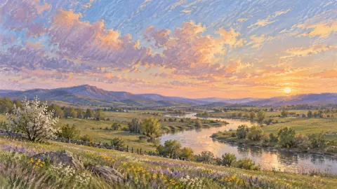 Meandering river through spring pasture – soft pastel drawing Frame TV art