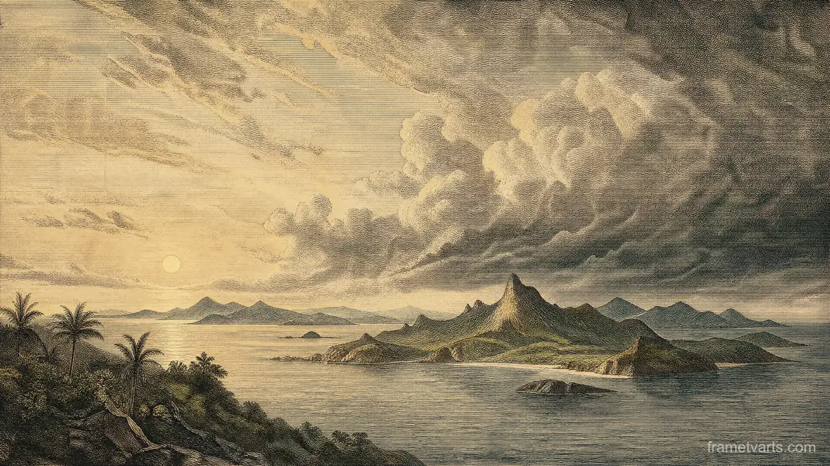 Rain clouds crossing an island bay – vintage travel illustration without text Samsung Frame TV art, 4K