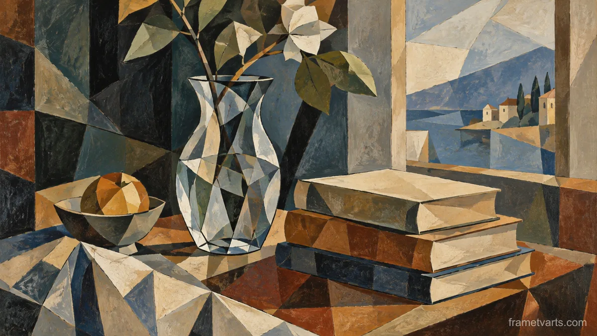 Glass vase beside stacked unmarked books – cubist still life Samsung Frame TV art, 4K