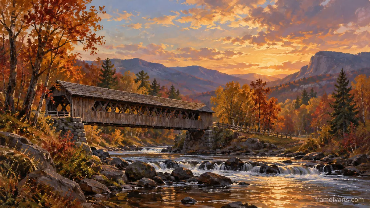 Covered wooden bridge over woodland stream – atmospheric oil painting Samsung Frame TV art, 4K
