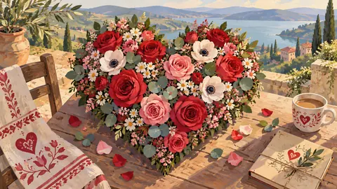 Valentine heart-shaped floral arrangement – decorative folk gouache Frame TV art