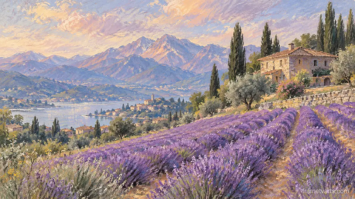 Lavender field beside distant mountains – soft pastel drawing Samsung Frame TV art, 4K