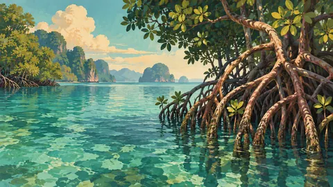 Mangrove roots above luminous water – vintage travel illustration without text Frame TV art