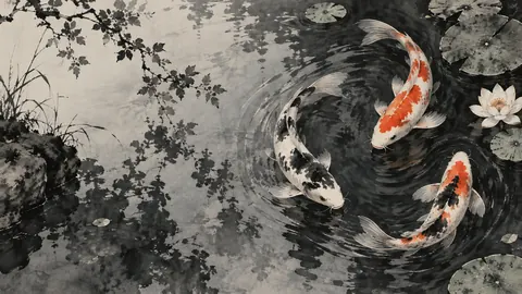 Koi fish circling among pond reflections – restrained ink illustration Frame TV art