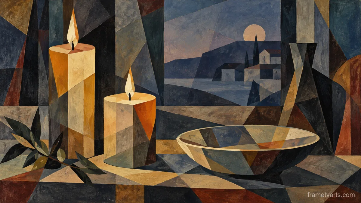 Candles and a shallow ceramic dish – cubist still life Samsung Frame TV art, 4K