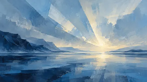 Angular rays spreading across broad negative space – cool blue lyrical abstraction Frame TV art