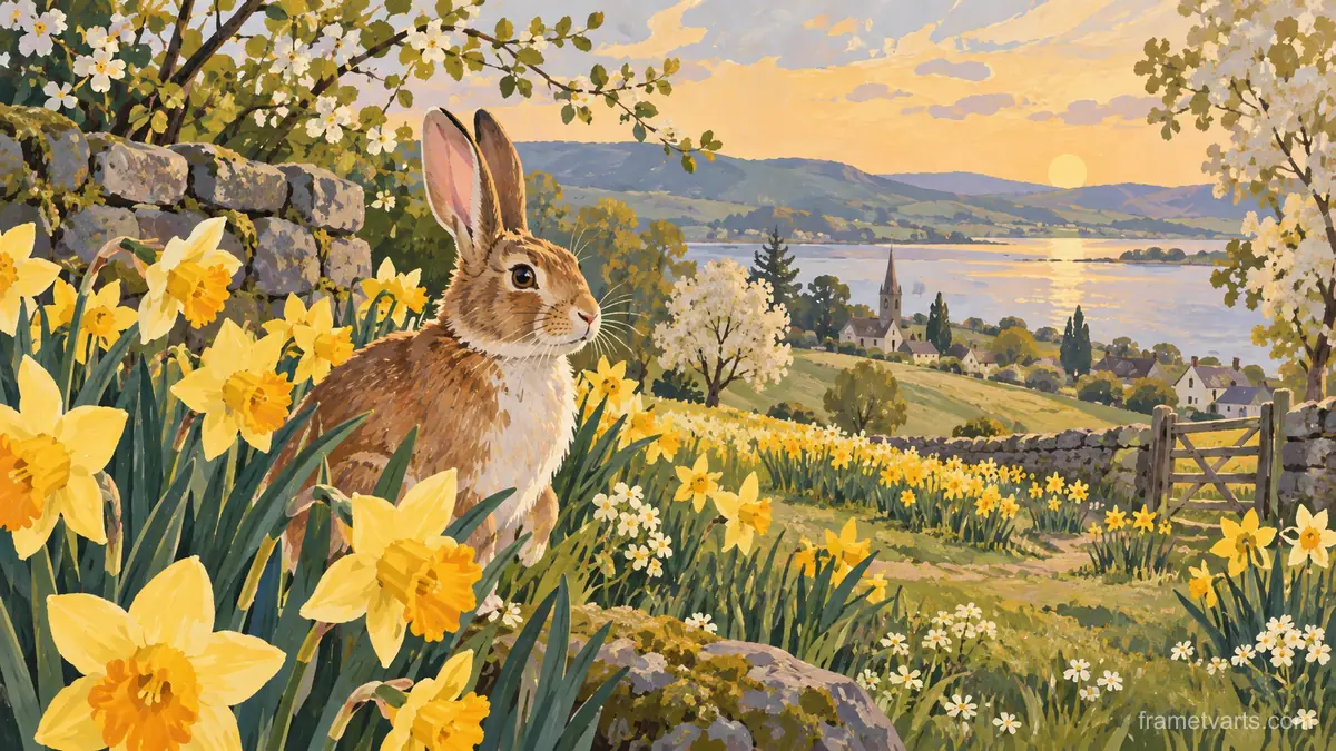 Easter rabbit among spring daffodils – decorative folk gouache Samsung Frame TV art, 4K