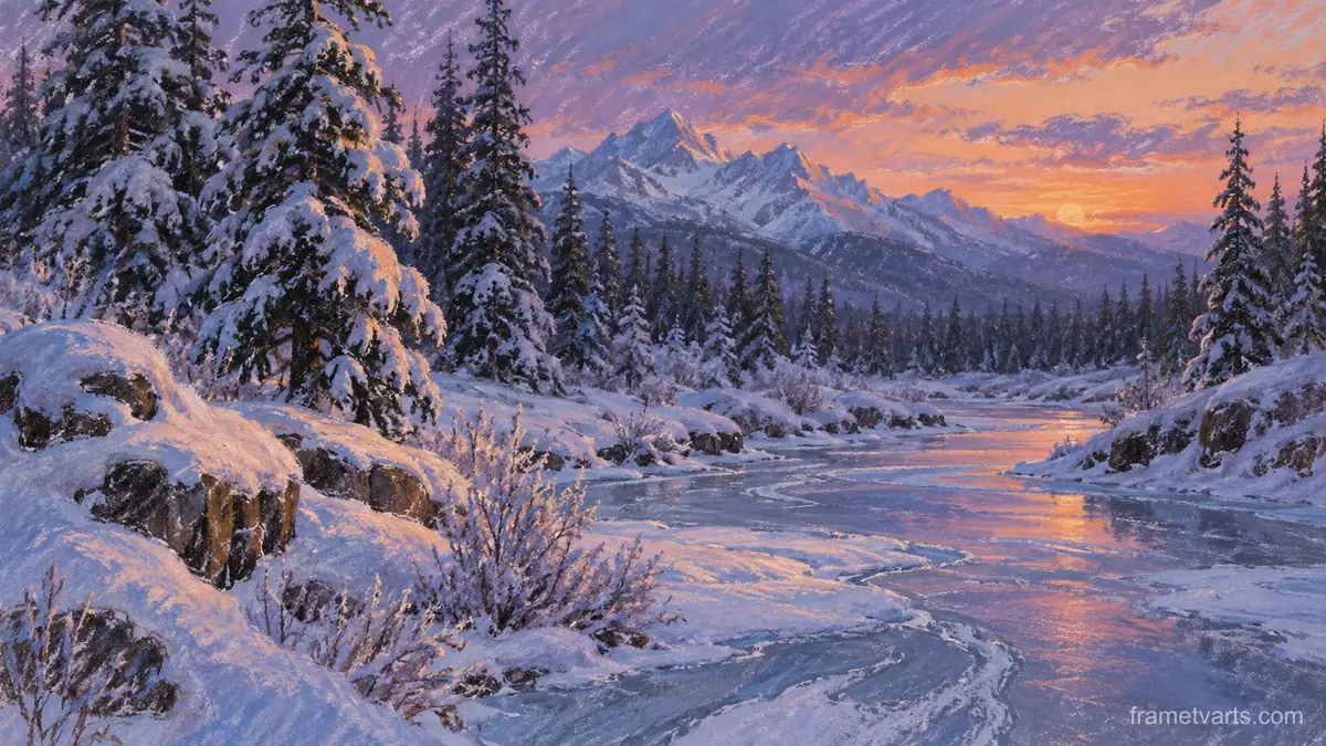Snow-laden pine forest beside frozen creek – soft pastel drawing Samsung Frame TV art, 4K