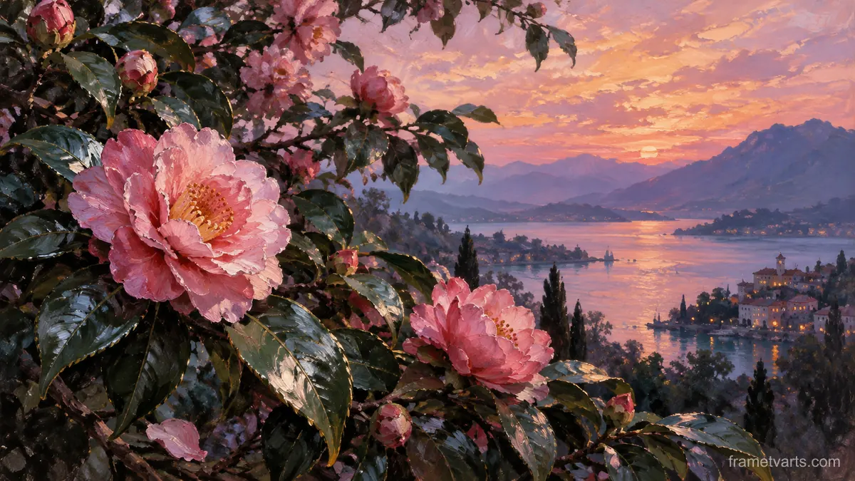 Pink camellias above glossy leaves – contemporary loose oil painting Samsung Frame TV art, 4K