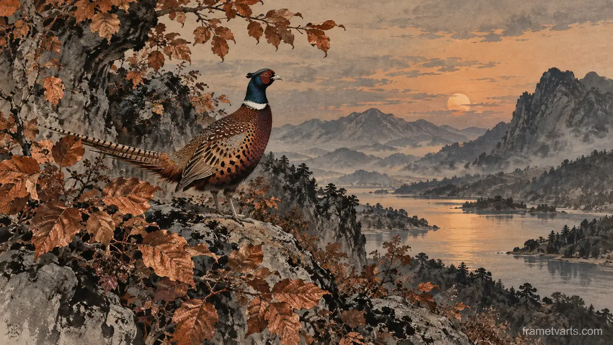 Pheasant among copper leaves – restrained ink illustration Samsung Frame TV art, 4K