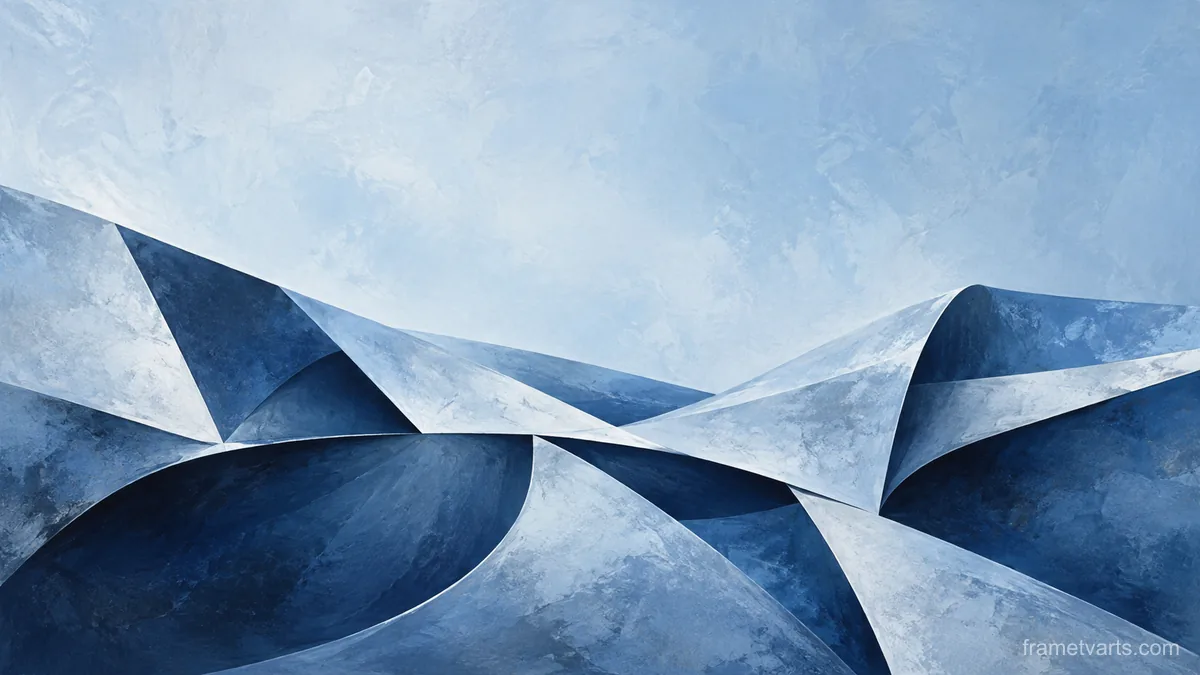 Sculptural folded planes viewed from above – cool blue lyrical abstraction Samsung Frame TV art, 4K
