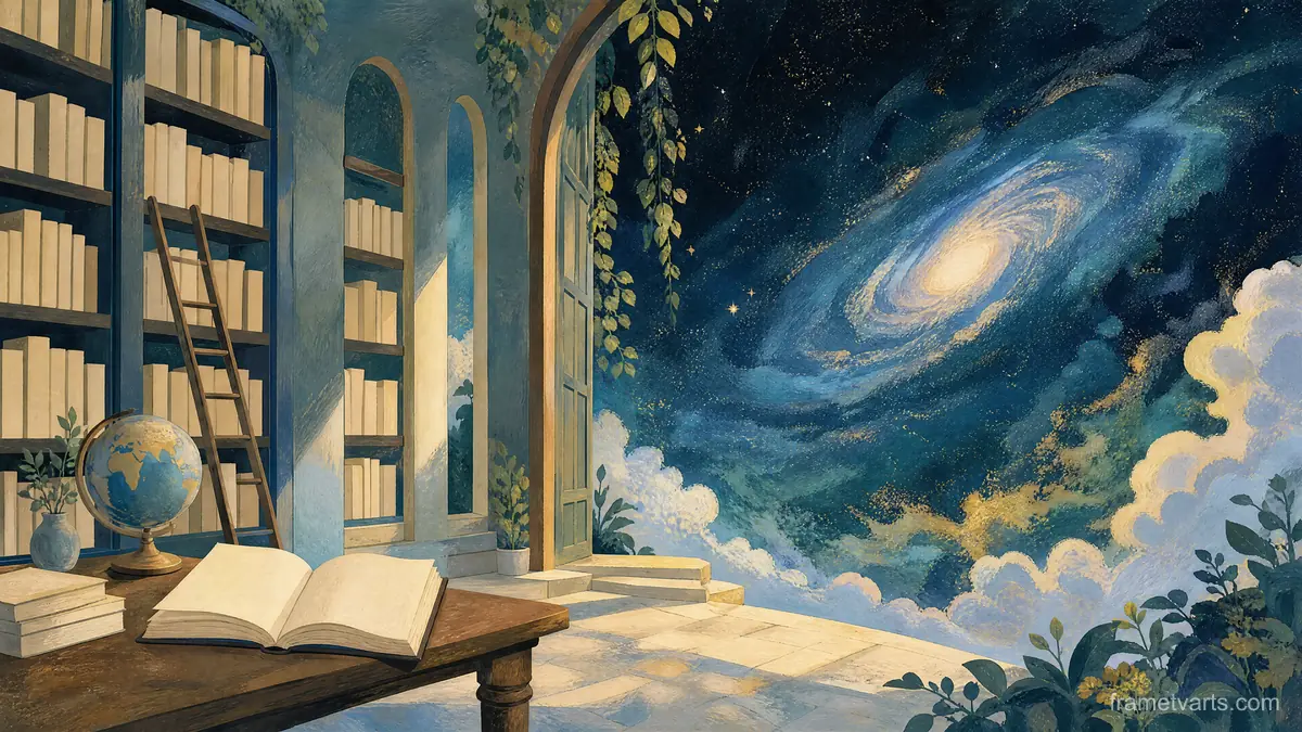 Dreamlike library opening onto a galaxy – restrained celestial gouache Samsung Frame TV art, 4K
