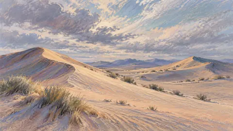 Wind-sculpted sand dunes under high clouds – soft pastel drawing Frame TV art