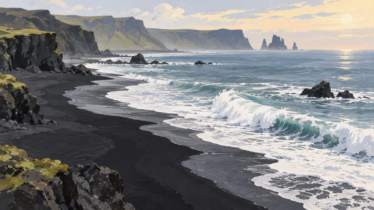 White surf curling onto black volcanic sand – minimal gouache Samsung Frame TV art, 4K