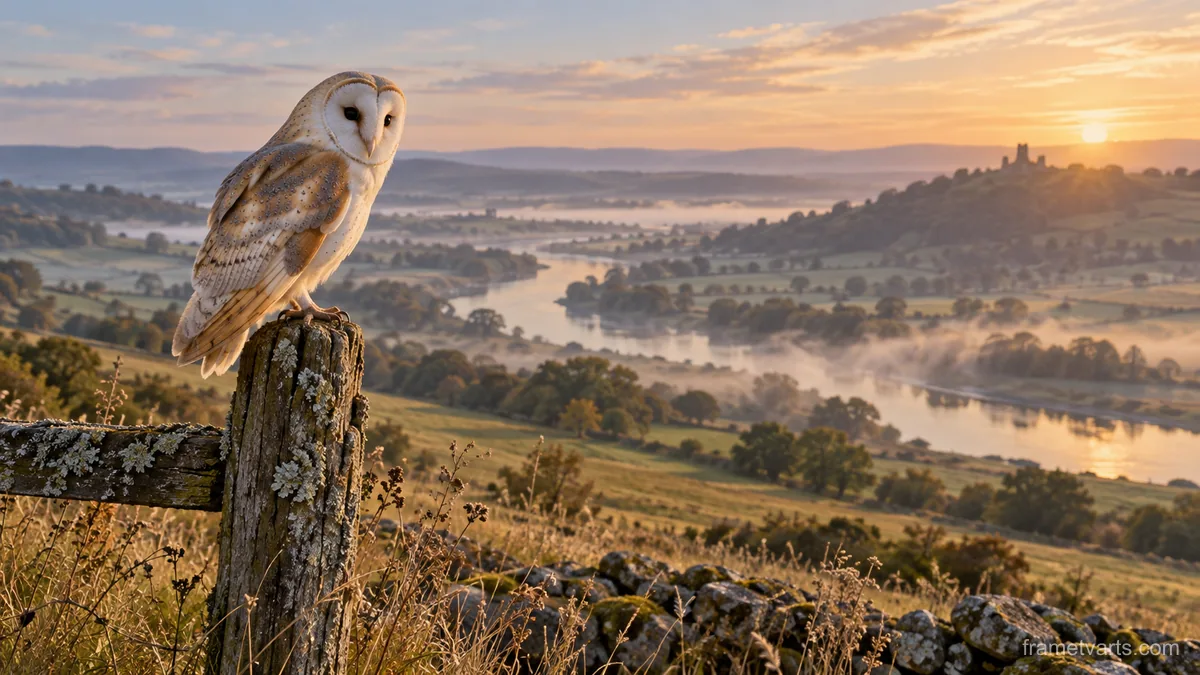 Barn owl on a weathered fence post – fine-art wildlife photography Samsung Frame TV art, 4K