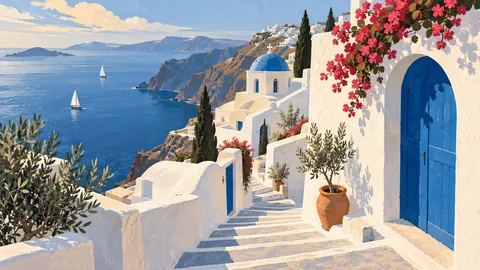 Whitewashed island steps with blue doors – mid-century travel illustration without text Frame TV art