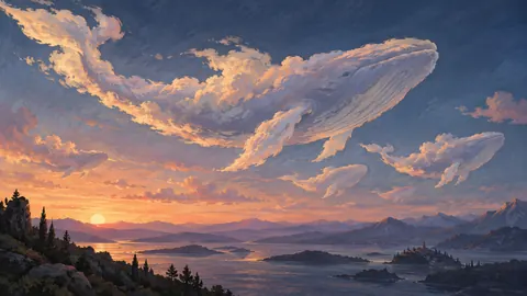Cloud-shaped whales crossing a twilight sky – restrained celestial gouache Frame TV art
