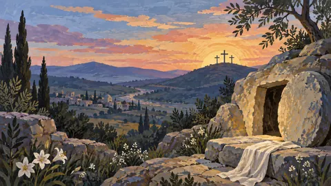 Easter sunrise over three distant simple crosses – decorative folk gouache Frame TV art