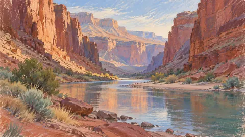 Red canyon and a narrow desert river – soft pastel drawing Frame TV art