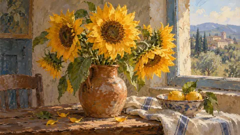 Golden sunflowers in an earthenware jug – contemporary loose oil painting Frame TV art