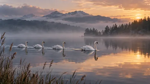 White swans crossing a misty lake – fine-art wildlife photography Frame TV art