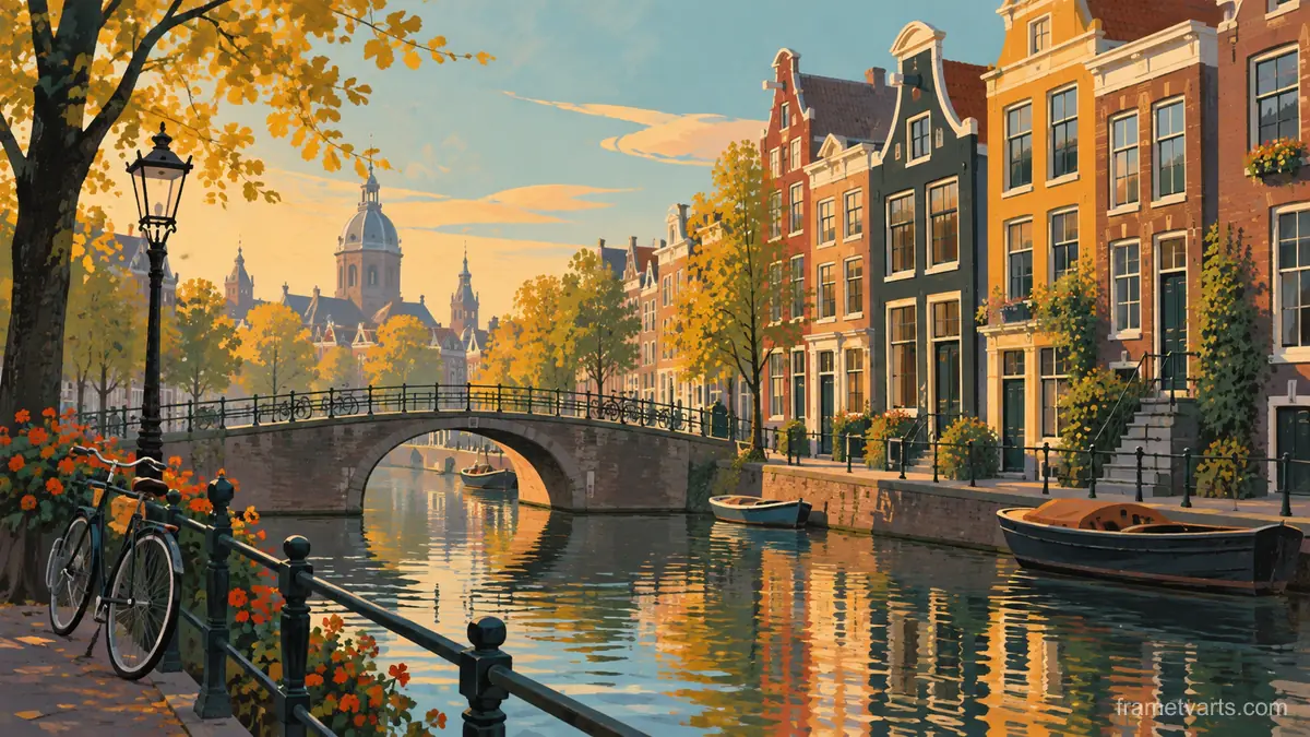 Canal houses beside a narrow stone bridge – mid-century travel illustration without text Samsung Frame TV art, 4K