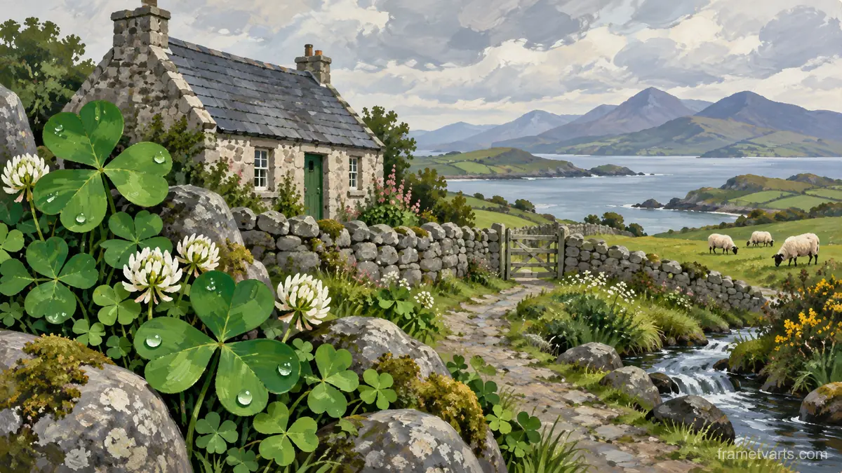 St Patrick shamrocks beside a rustic stone cottage – decorative folk gouache Samsung Frame TV art, 4K