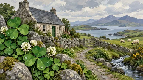 St Patrick shamrocks beside a rustic stone cottage – decorative folk gouache Frame TV art