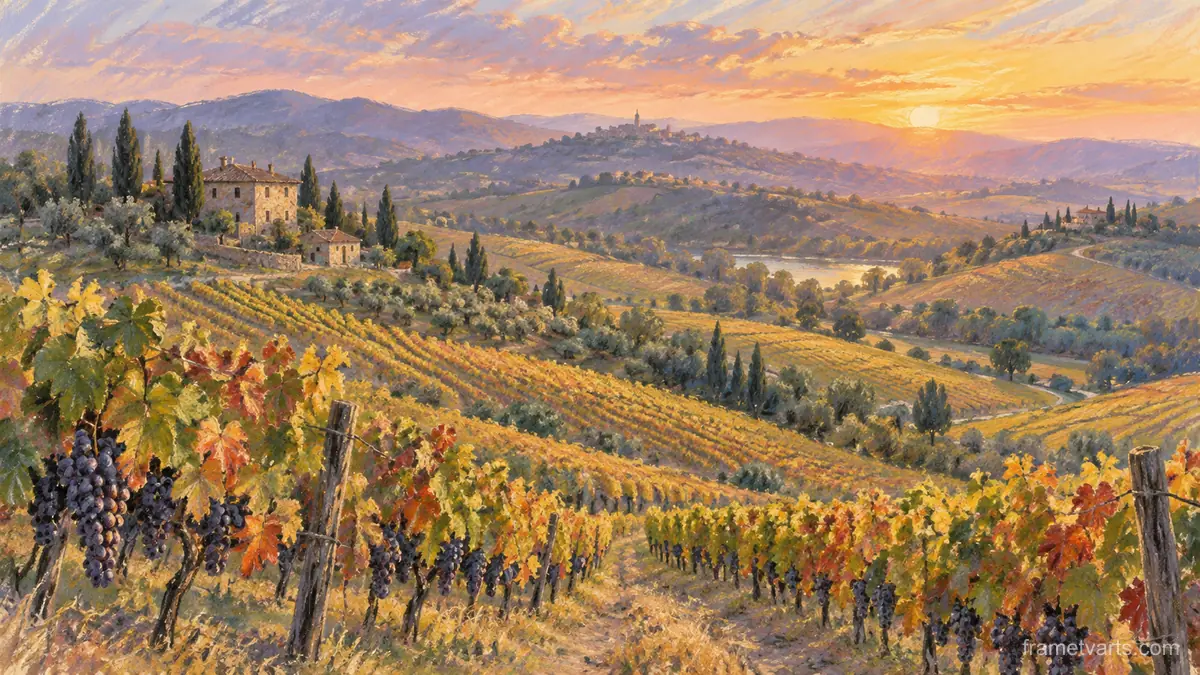 Rolling vineyard hills at harvest – soft pastel drawing Samsung Frame TV art, 4K