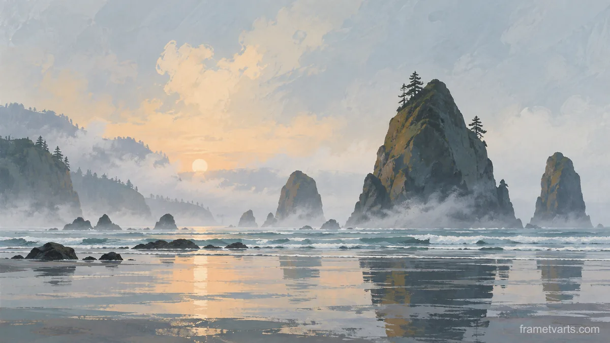 Sea stacks emerging through morning mist – minimal gouache Samsung Frame TV art, 4K