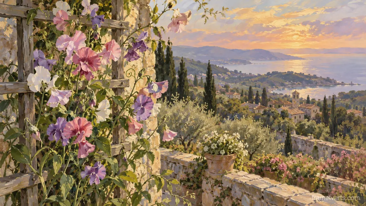 Delicate sweet peas climbing a trellis – contemporary loose oil painting Samsung Frame TV art, 4K