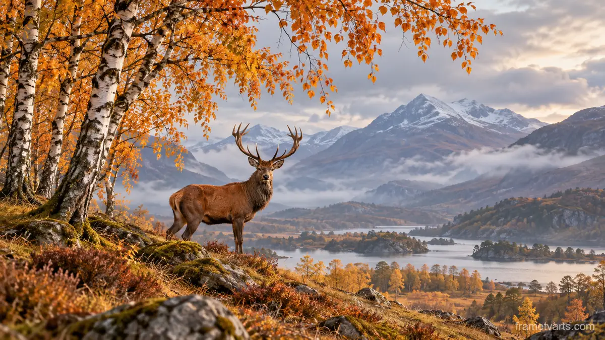 Red deer beneath autumn birches – fine-art wildlife photography Samsung Frame TV art, 4K